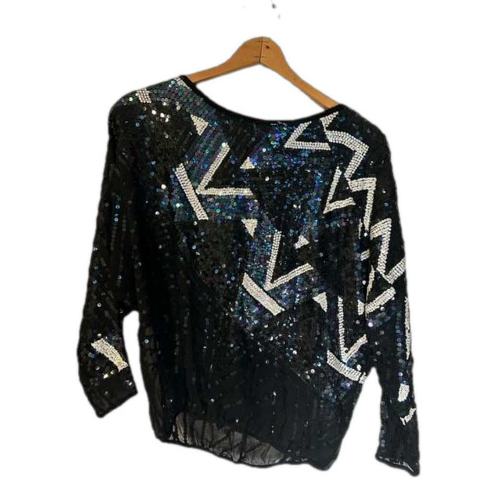 Vintage Neil Bieff 100% Silk Sequined Sheer Long Sleeve Top S mobwife maximalist